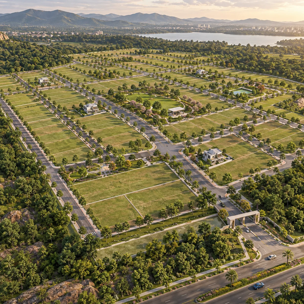 Purva Trivante aerial view of the plotted layout with its roads and parks, artist's impression