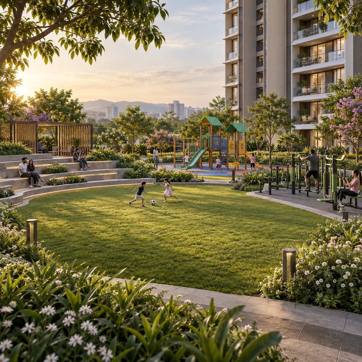 Purva Trivante community lawn with amphitheatre-style seating and children's play area, artist's impression