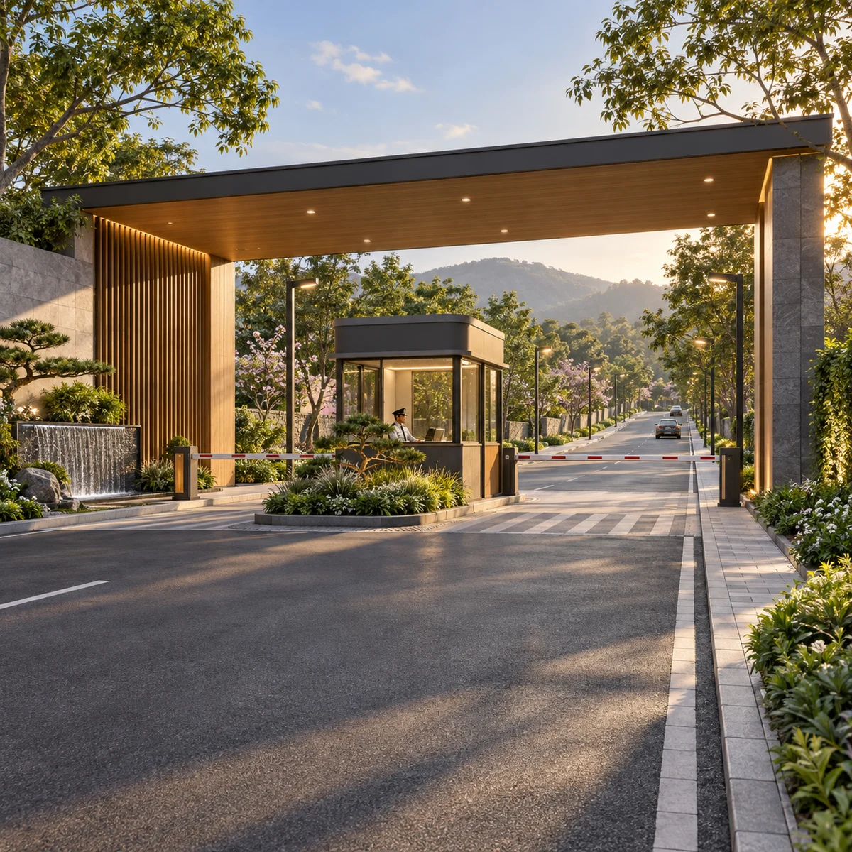 Purva Trivante entrance portal, security kiosk and planted internal road, artist's impression