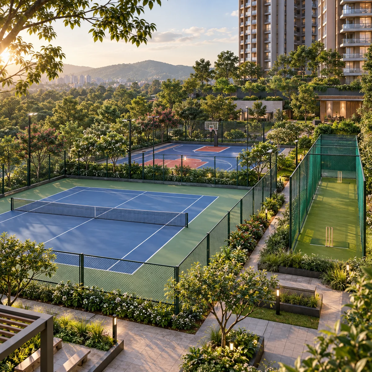 Purva Trivante tennis and basketball courts and cricket practice pitch, artist's impression